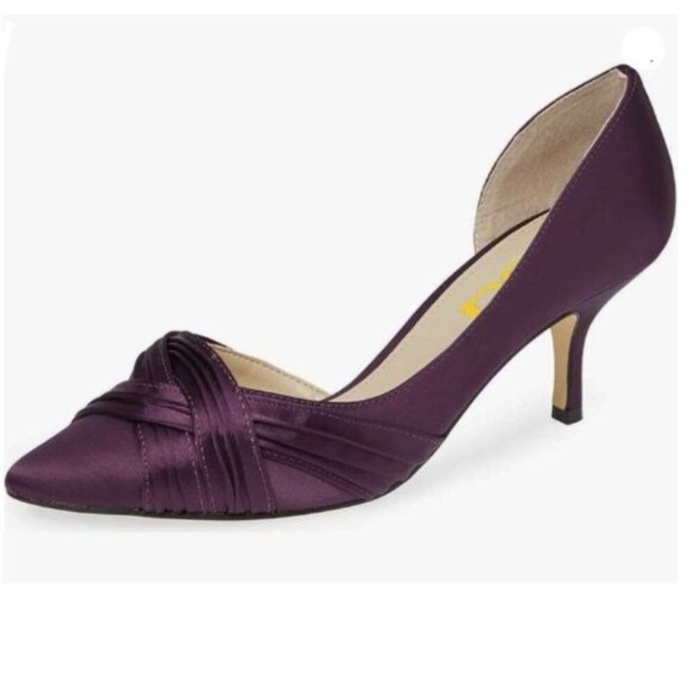 FSJ Women Low Kitten Heels Pointed Toe ,Pumps D'Orsay Pleated Satin Purple